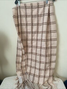 Anne Klein Plaid Fringe Knit Scarf in Blush and Brown
